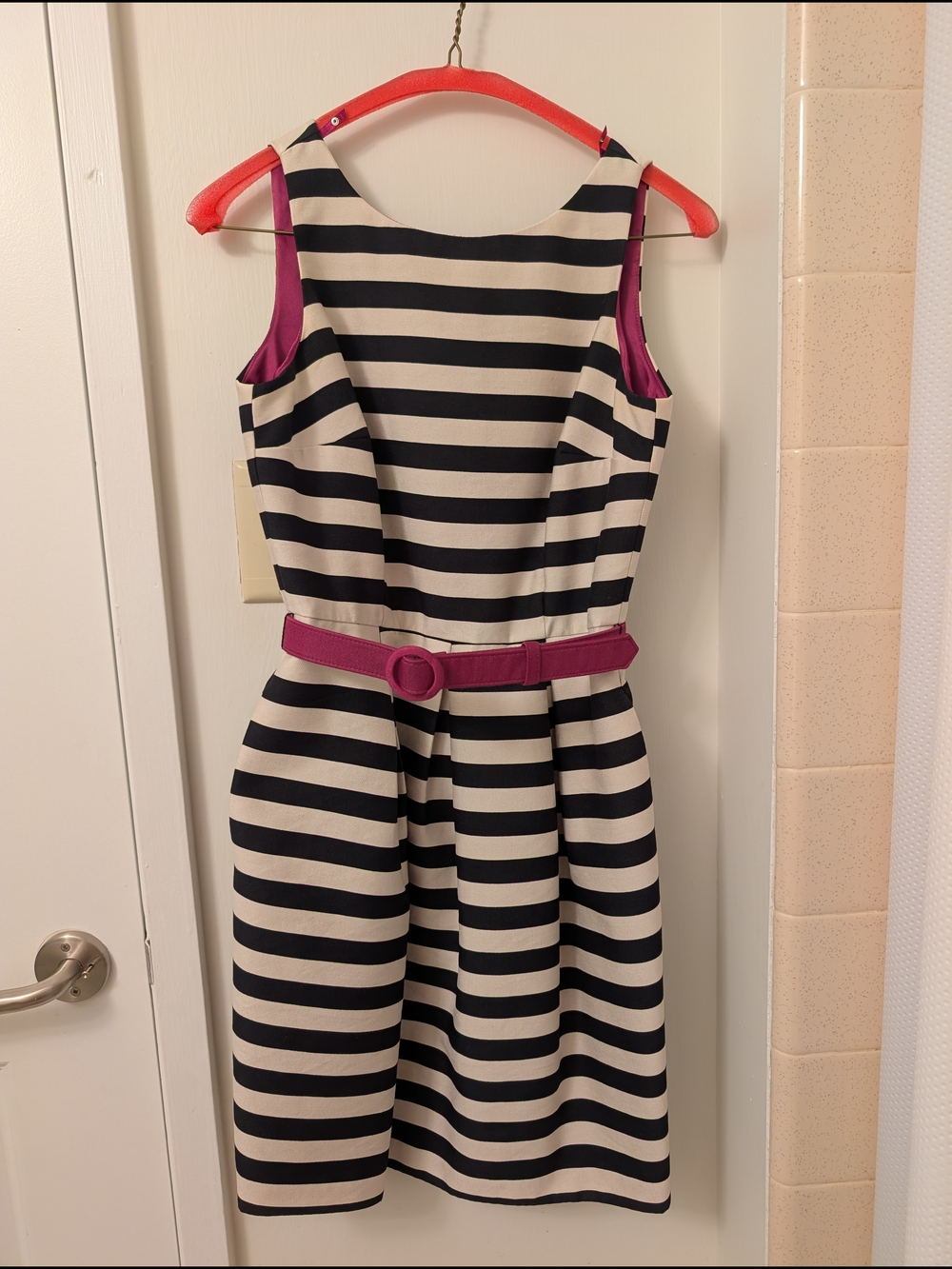 White House Black Market Black and White Striped Midi Dress with Magenta Accents